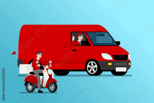 Delivery van and bike ready for going to fast express or deliver parcel, food, product to customer with city in the background.