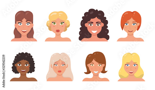 Cute Woman Faces set vector illustration. Different woman's avatars in cartoon style. Young girl portraits with different facial expressions.