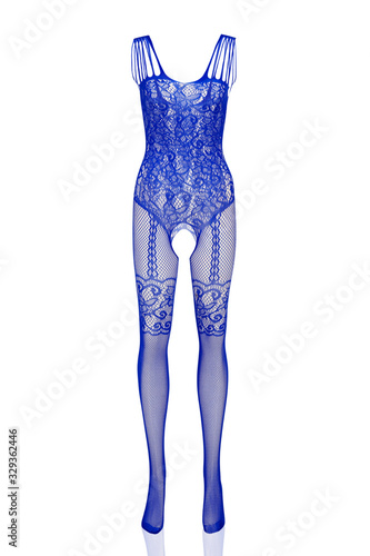 Subject shot of a blue erotic bodysuit with a cutout in the intimate area and with multirow shoulder straps. The sexy underwear with scroll pattern is isolated on the white background. photo