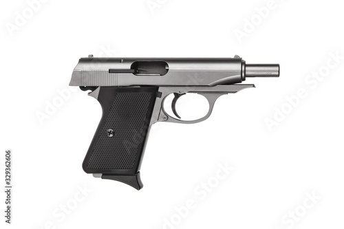 Small black silver modern pistol. Ladies' pistol. Weapons for hidden wearing.Gun isolate on a white back