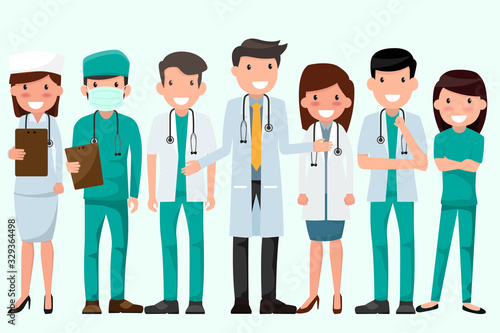 Health and Medical concept illustration. Doctor and nurse characters. Full length doctors wearing uniform, Team Protect Coronavirus (CoVID-19), Checking Health. holding clipboard. Patient treatment.