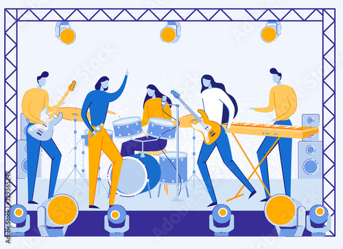 Old School Pop Rock Music Band Performing on Stage Playing on Instruments. Modern Musicians Group on Scene, People Clubbing at Disco Party Live Music Summer Festival Cartoon Flat Vector Illustration