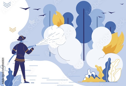 Fighting Forest Fire Flat Vector Illustration. Firefighter Extinguishing Burning Trees Cartoon Character. Natural Disaster Threatening Wildlife. Fireman Pouring Water with Hose in Bushfire Area