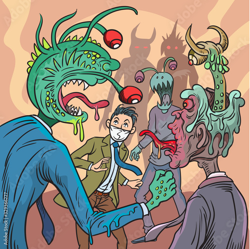 The man is wearing a mask to prevent virus infection, afraid of the demons around him.  Hand drawn style vector illustration.