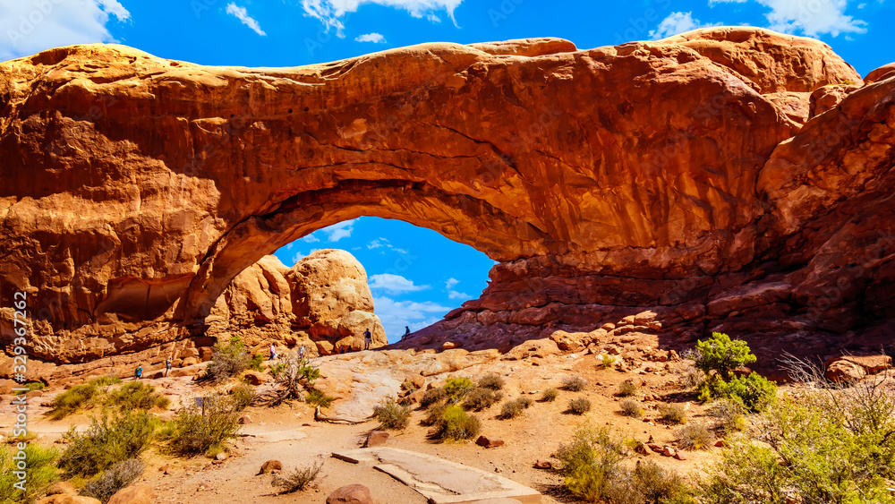 The North Window Arch, one of the many large Sandstone Arches in Arches National Park Utah, United 