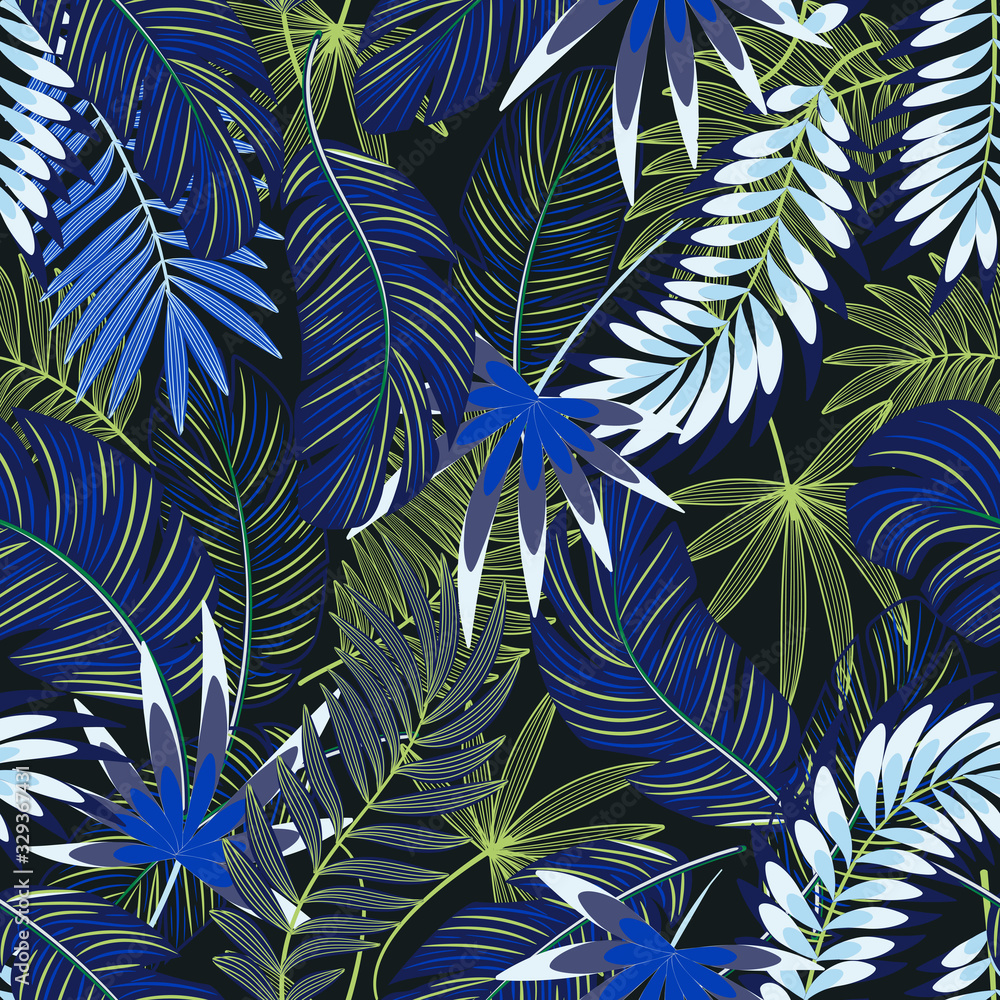 Vector seamless tropical pattern with palm leaves  on dark  background. Vector floral illustration for textile, print, wallpapers, wrapping.