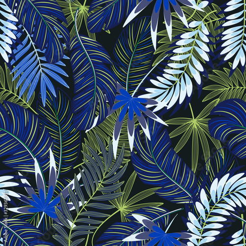 Vector seamless tropical pattern with palm leaves  on dark  background. Vector floral illustration for textile  print  wallpapers  wrapping.