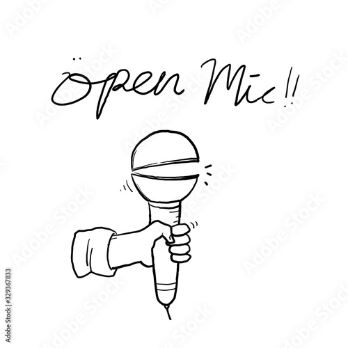 hand drawn Open Microphone event party session doodle. Vintage styled vector illustration.