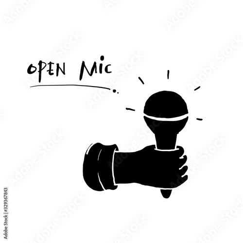 hand drawn Open Microphone event party session doodle. Vintage styled vector illustration.