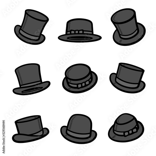 Black top hat set. Collection icon black top hat. Vector