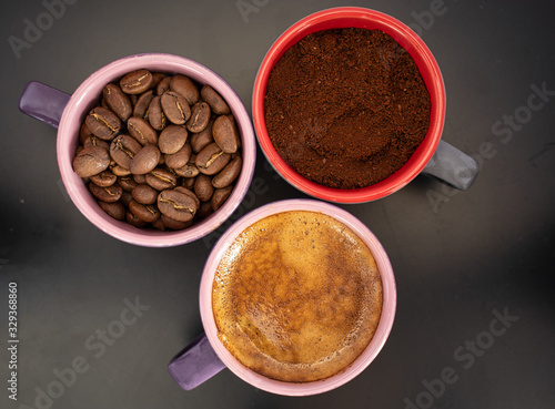 coffee cup assortment top view collection, espresso cup assortment with coffee and beans top view collection isolated on dark background.