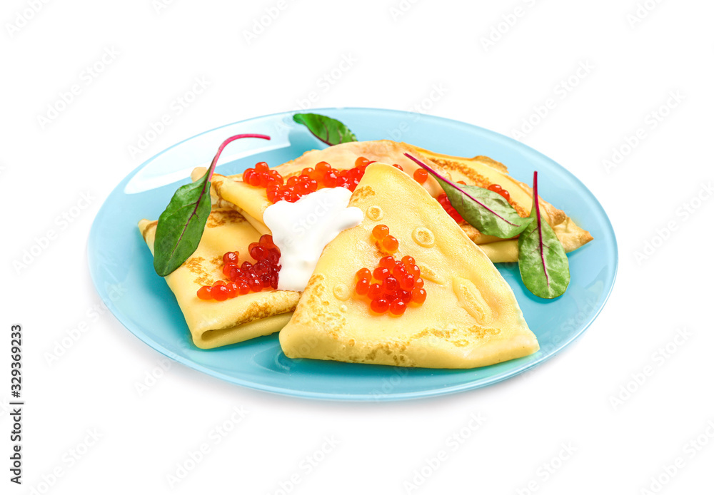 Delicious pancakes with caviar and cream isolated on white Delicious pancakes with caviar and cream isolated on white