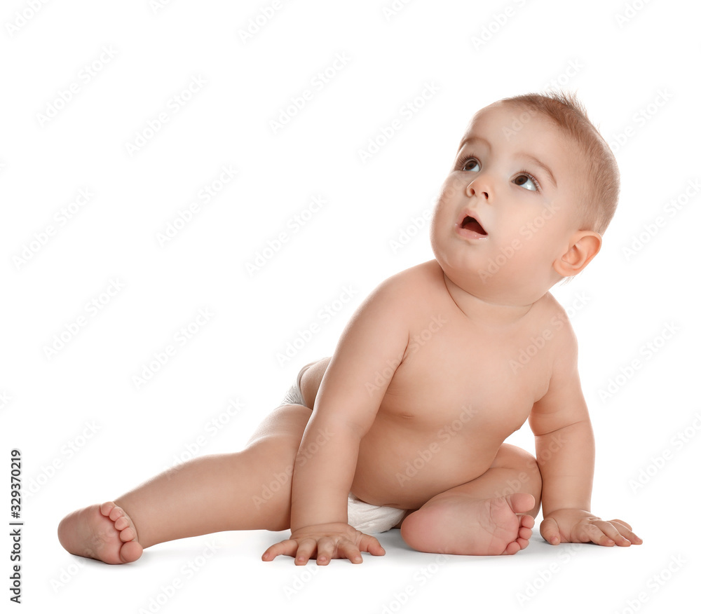 Cute little baby in diaper on white background Cute little baby in diaper on white background