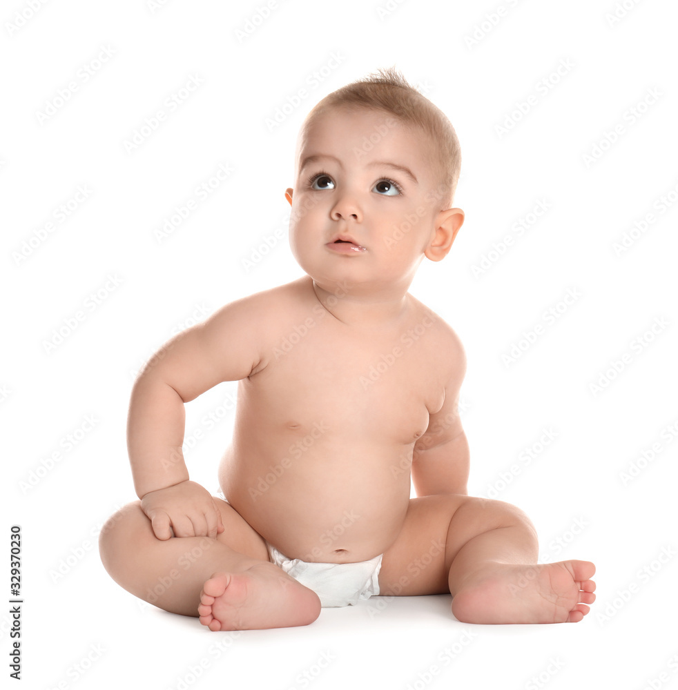 Cute little baby in diaper on white background Cute little baby in diaper on white background