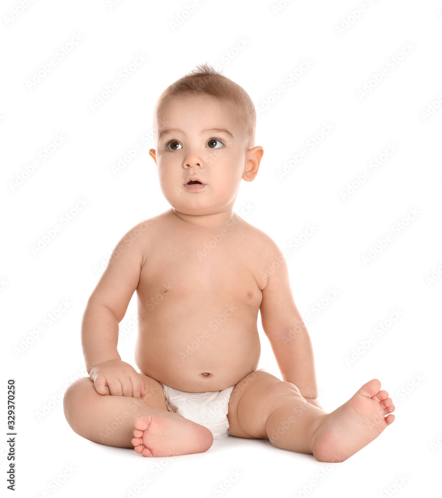 Cute little baby in diaper on white background Cute little baby in diaper on white background