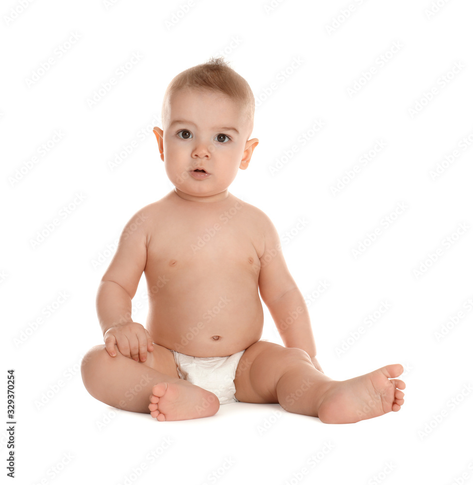 Cute little baby in diaper on white background Cute little baby in diaper on white background
