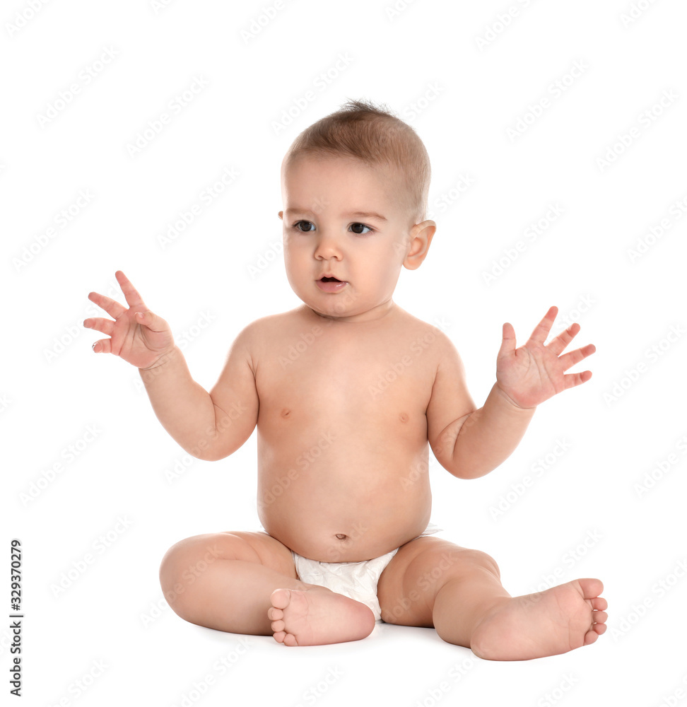 Cute little baby in diaper on white background Cute little baby in diaper on white background