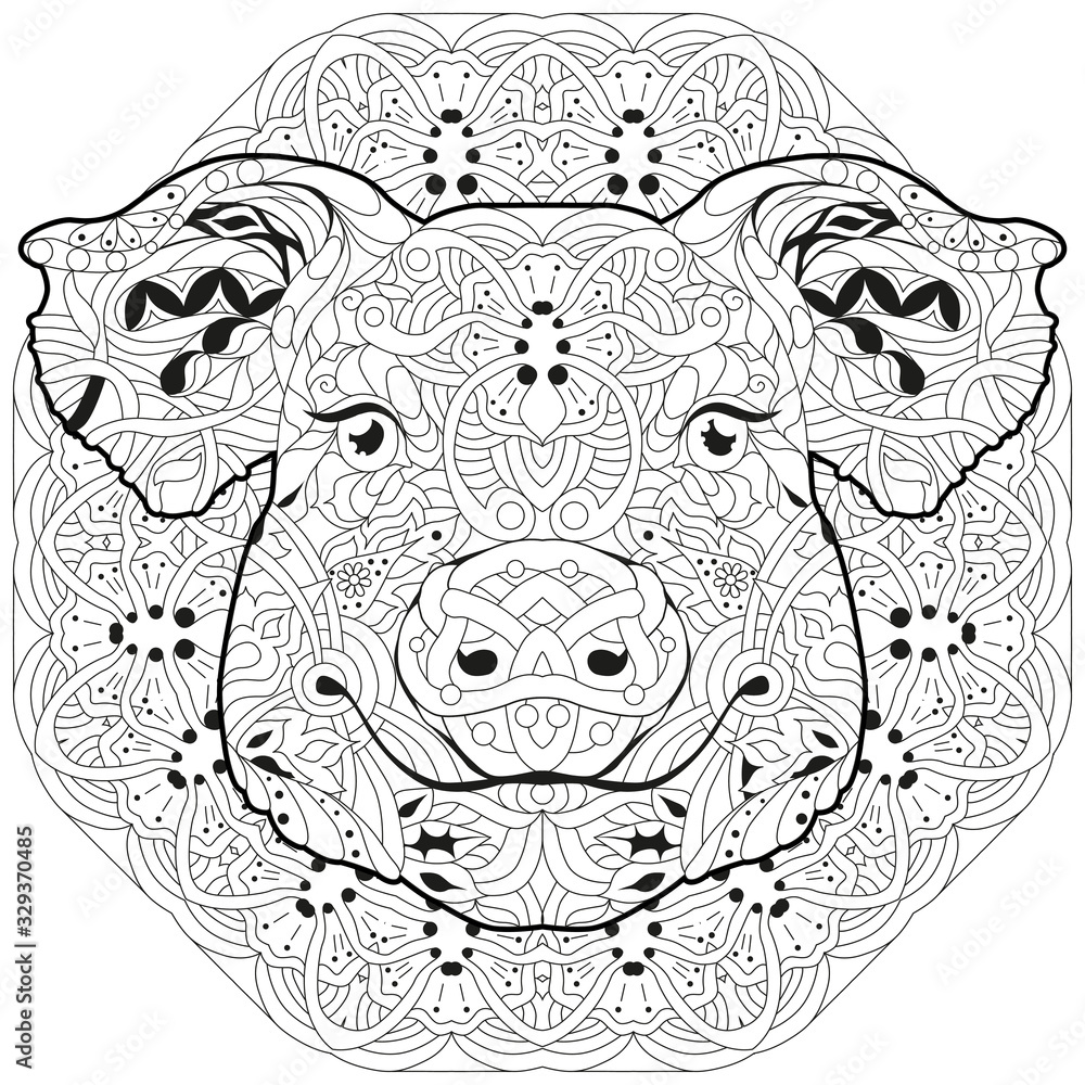 Fototapeta premium Zentangle pig head with mandala. Hand drawn decorative vector illustration for coloring