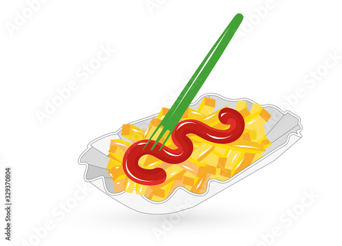 Pommes mit Ketschup in der Pappschale und Gabel