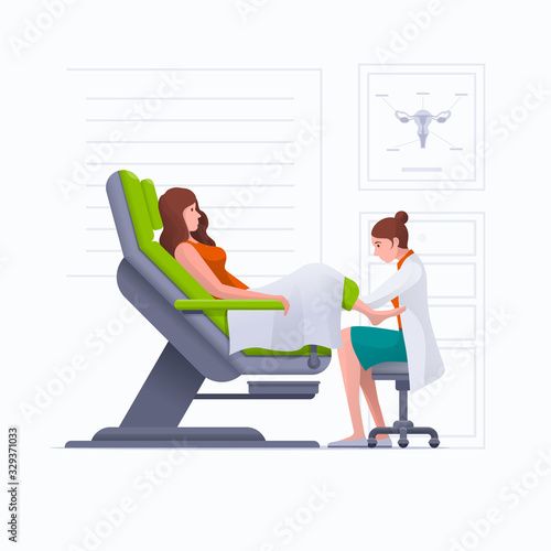Young pregnant woman or woman is lying in gynecological examination chair during gynecological exam.