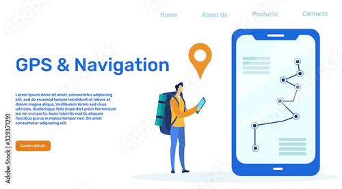 GPS and Navigation Vector Landing Page Template. Cartoon Backpacker Using Mobile Application for Geolocation, Route Planning. Travelers Destination Search Digital Technology Promo Webpage Layout