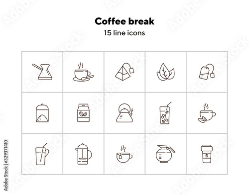 Coffee break line icon set. French press, tea pot, glass and straw. Drink concept. Can be used for topics like coffee shop, cafe menu, restaurant