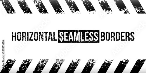 Horizontal seamless banner warning tape with black stripe and place for text. Vintage grunge aged background for advertisement, invitation, promotion, attention attraction. Vector Illustration.