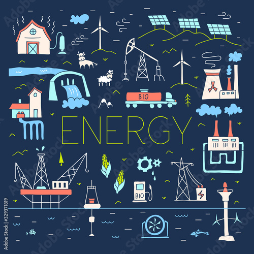 Types of energy sources. Hand-drawn colorful poster in doodle style on a dark background. Vector illustration on the theme of energy with lettering. Power engineering.