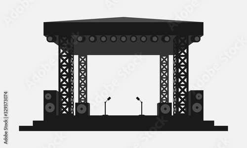 Outdoor concert stage black and white vector icon. Simple flat music equipment pictogram. Podium symbol.
