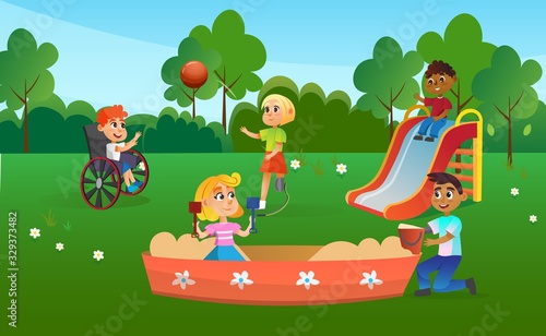 Summer Camp for Children Cartoon Flat Vector Illustration. Group Kids Playing on Playground. Boys and Girls with Disabilities. Boy on Slide. Character with Prosthesis Playing in Sandbox.