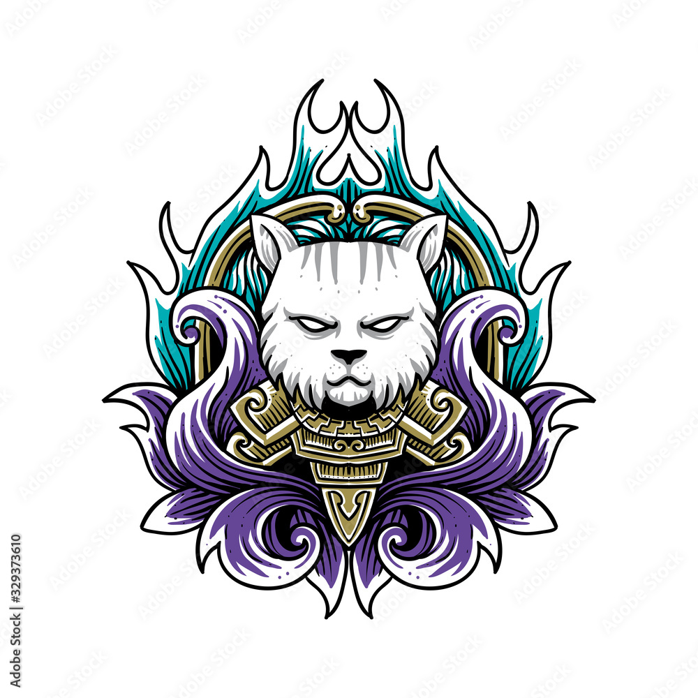 cat with armor engraving style illustration cat with armor engraving style illustration