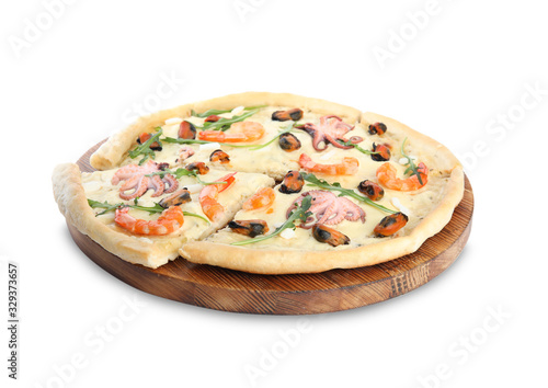 Hot delicious seafood pizza isolated on white