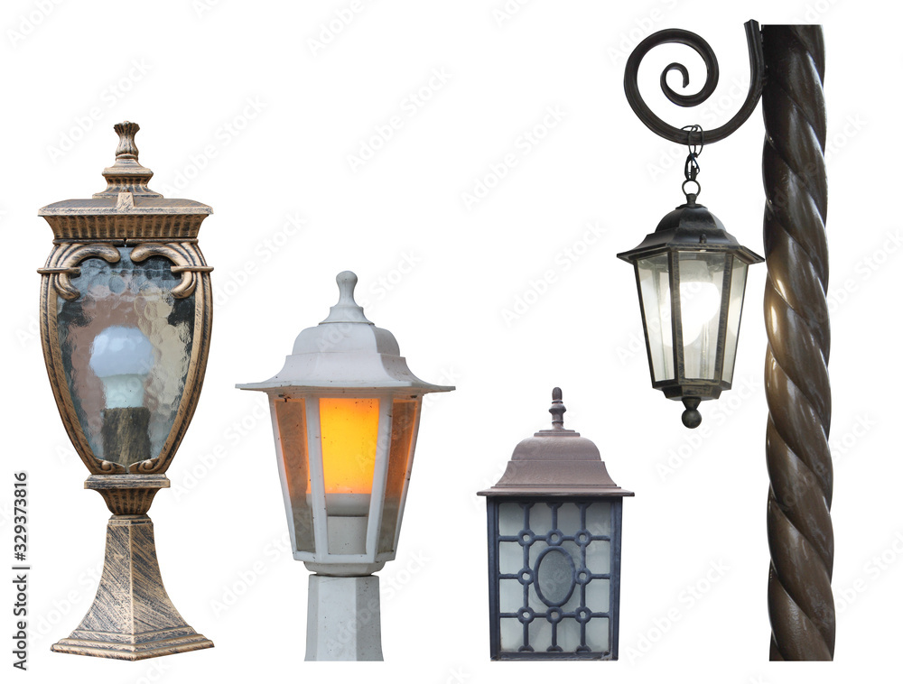set of street mounted wall and ground lights in classic old style isolated cut out on a white background