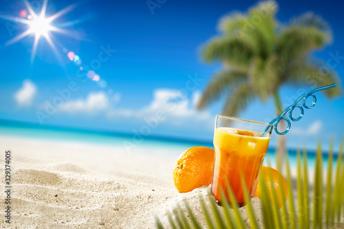 Summer drink on beach and free space for your decoration. 