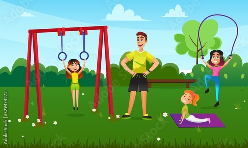 Children Doing Exercises on Fresh Air with Male Trainer Flat Cartoon Vector Illustration. Kids with Teacher Outdoor. Healthy Lifestyle Concept. Girls Exercising on Gymnastic Rings, Jumping Rope.