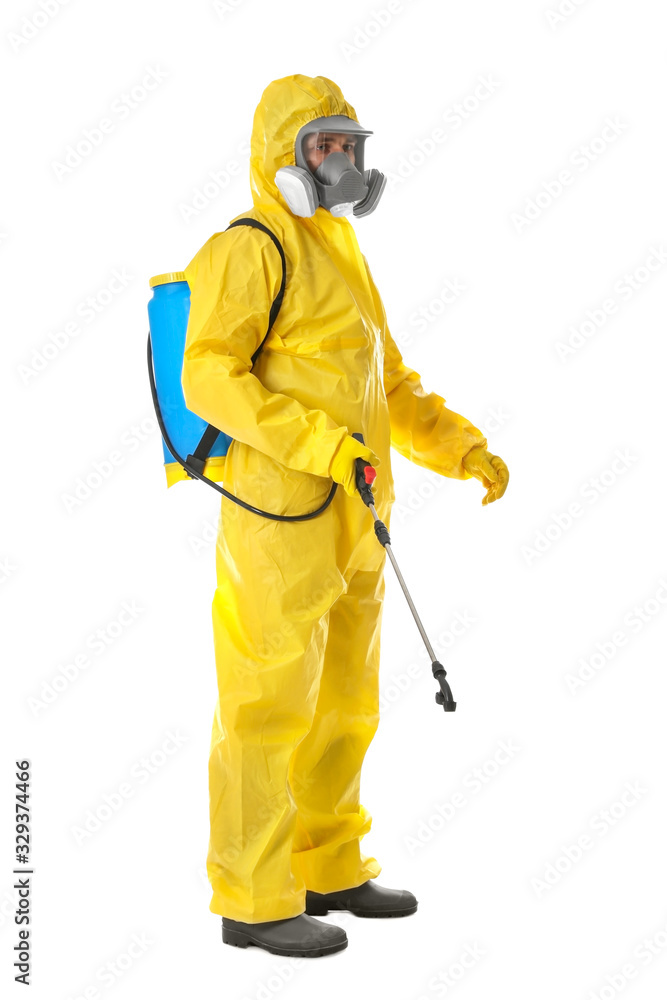 Man wearing protective suit with insecticide sprayer on white background. Pest control Man wearing protective suit with insecticide sprayer on white background. Pest control