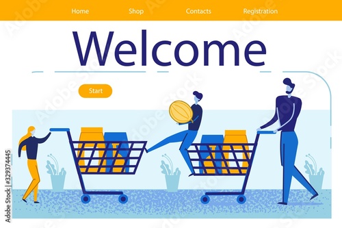 Shopping with Kids. Man with Children Walking at Supermarket Buying Products. Happy Family Sparetime, Everyday Chores. Customers in Store. Welcome Typography Cartoon Flat Vector Illustration, Banner