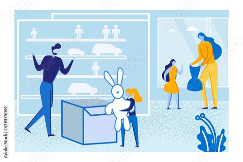 Mother and Father Choose Clothes and Toy for Little Daughters. Woman Holding Children Dress in Hands. Girl Holding Huge Soft Rabbit in Shop Department. Family Shopping Cartoon Flat Vector Illustration