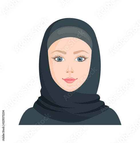 European fair-skinned woman in hijab. Muslim woman in traditional islamic clothing. Vector illustration in cartoon style. Avatar on a white background.