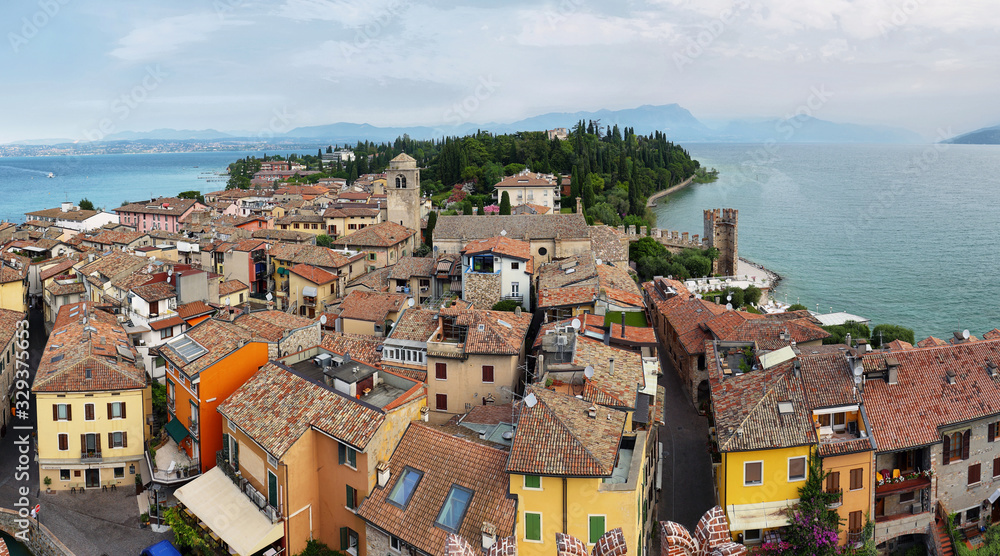 Landscape of Sirmione Village with Lake Garda and Alps, Italy