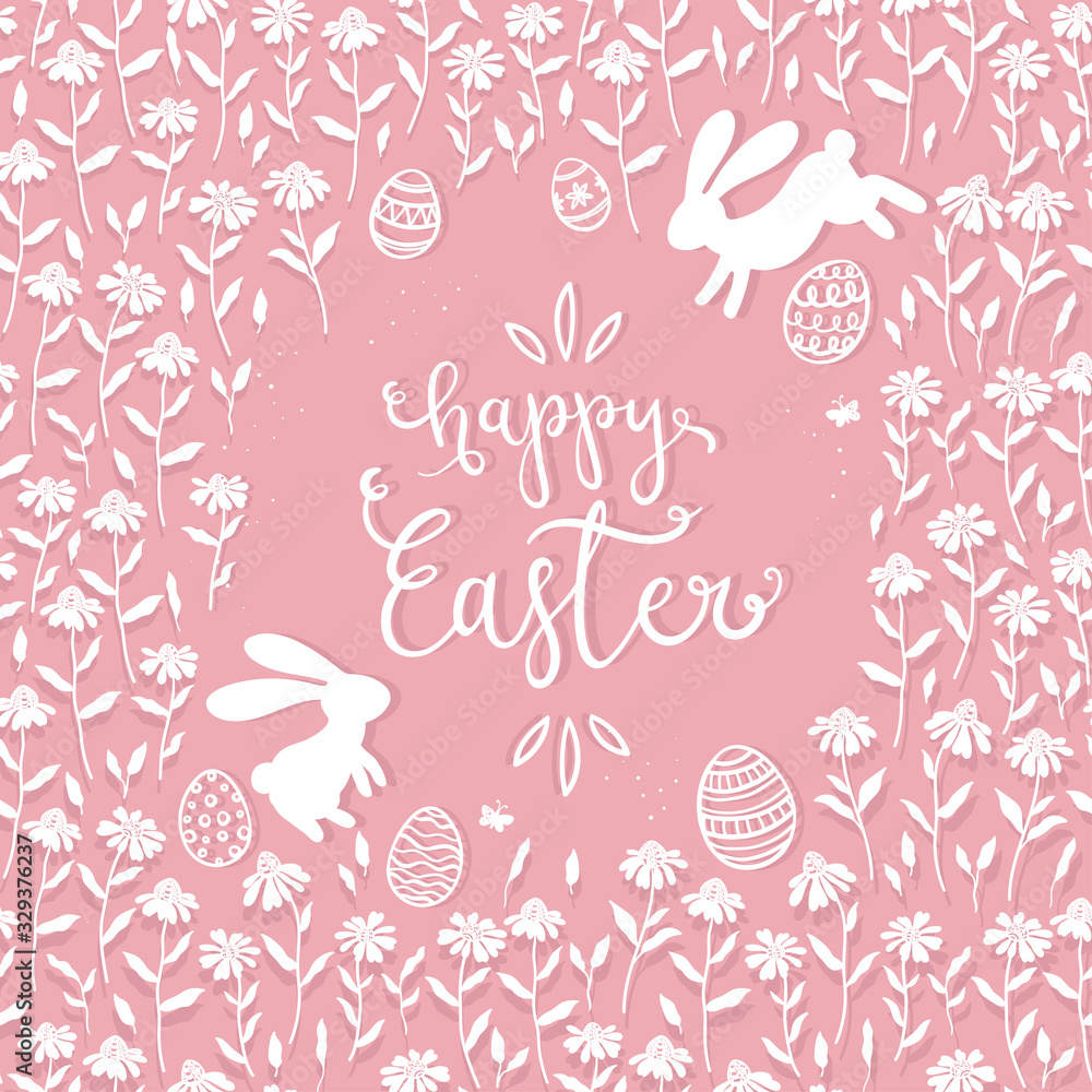 Cute hand drawn Easter Card design with Easter eggs, flowers and bunnies. Cute hand drawn Easter Card design with Easter eggs, flowers and bunnies.