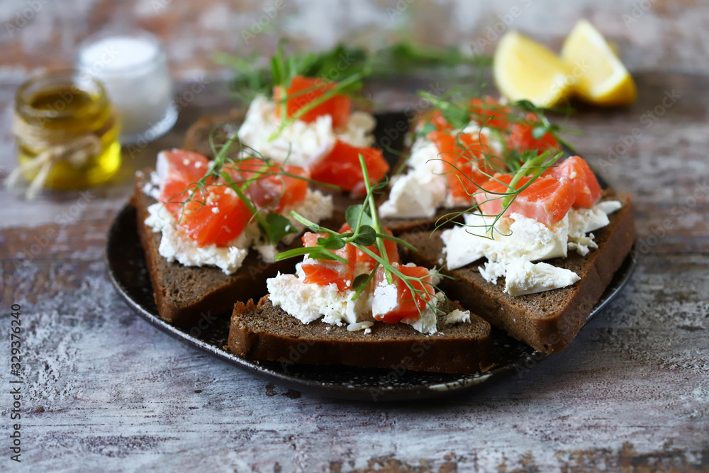 Toasts with salmon and white cheese on a plate. Keto diet. Keto toasts.