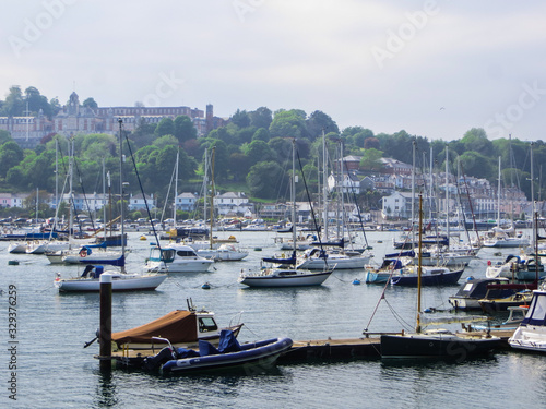 A bay filled with yachts, motor boats and small boats in the city of Dortmund. England, May 2018.