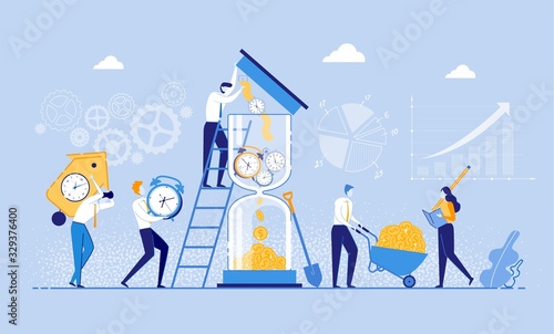 Time is Money Concept Flat Cartoon Vector Illustration. People Bringing Clocks to Hourglass, Watch is Transformed into Income. Character Collecting Money and Woman Counting. Time Management.