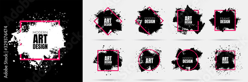 Vector background for text. Grunge banners set. Black paint. Brush ink stroke. Isolated square white frame. Element for design poster, cover, invitation, gift card, flyer, social media, promotion.