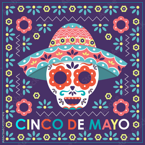 Cinco de mayo banner. The holiday in Mexico, 5 May. The illustration of colourful skeleton. -vector