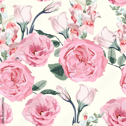 Floral seamless pattern with watercolor style pink roses and many kind blooming garden flowers. Background with bouquets of hand-drawn flowers with leaves.