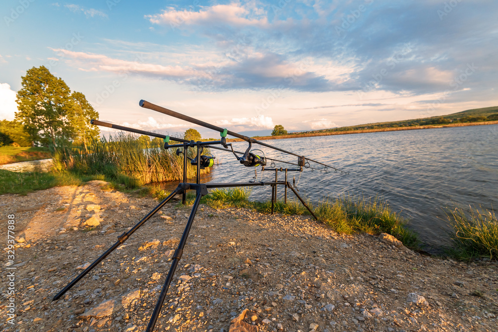 Fishing adventures. Carp fishing at sunset.