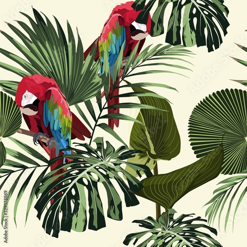 Tropical floral print. Parrot bird in the jungle in the exotic forest, seamless pattern for fashion, wallpaper and all prints on light backdrop.