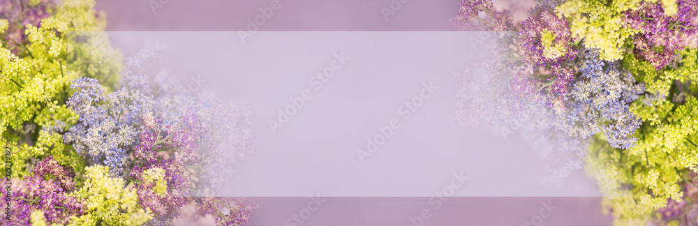 floral banner in lilac colors. Greeting gift card background. Template for postcards